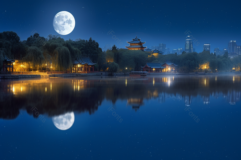 美丽的夜景湖面倒影着月亮实拍摄影图,高清,摄影图,摄影图片,图片大全,摄影图免费下载